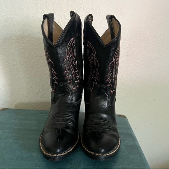 Old West Kids Boots Unisex-Child J Toe Western Black Leather pointed Boot Sz 12D - Picture 2 of 16
